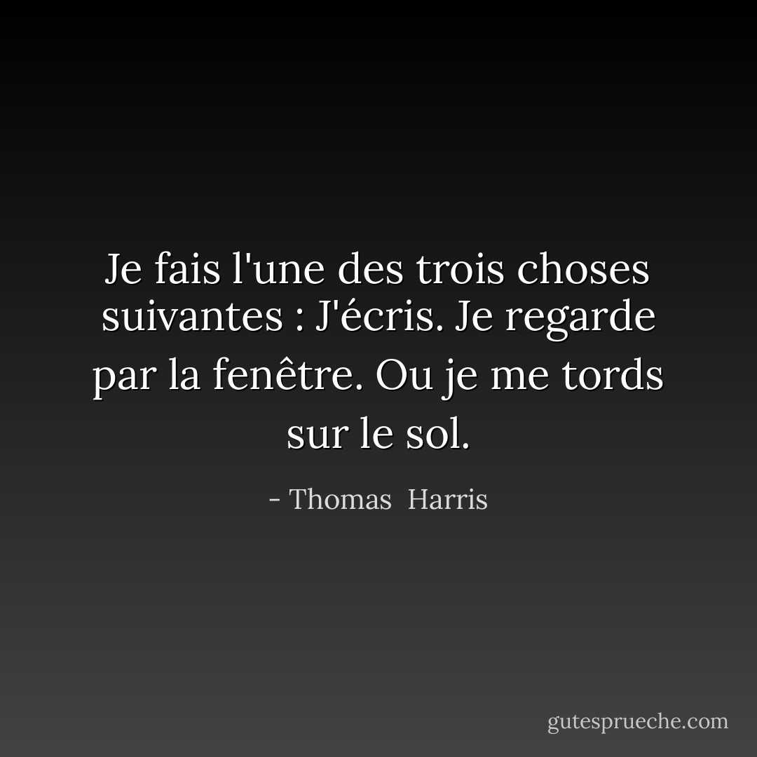 Je fais l'une des trois choses suivantes : J'écris. Je regarde par la fenêtre. Ou je me tords sur le sol. - Thomas  Harris