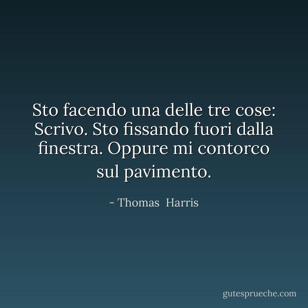 Sto facendo una delle tre cose: Scrivo. Sto fissando fuori dalla finestra. Oppure mi contorco sul pavimento. - Thomas  Harris
