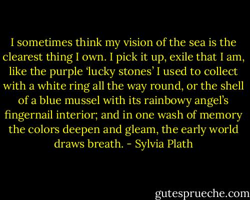 I sometimes think my vision of the sea is the clearest thing I own. I pick it up, exile that I am, like the purple ‘lucky stones’ I used to collect with a white ring all the way round, or the shell of a blue mussel with its rainbowy angel’s fingernail interior; and in one wash of memory the colors deepen and gleam, the early world draws breath. - Sylvia Plath