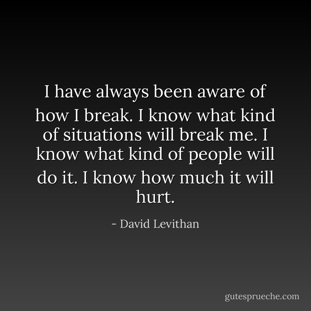I have always been aware of how I break.<br />I know what kind of situations will break me.<br />I know what kind of people will do it.<br />I know how much it will hurt. - David Levithan