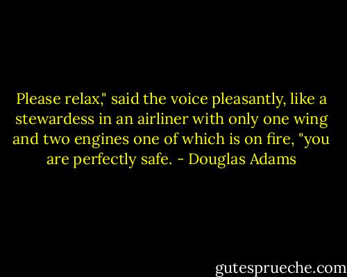 Please relax," said the voice pleasantly, like a stewardess in an airliner with only one wing and two engines one of which is on fire, "you are perfectly safe. - Douglas Adams