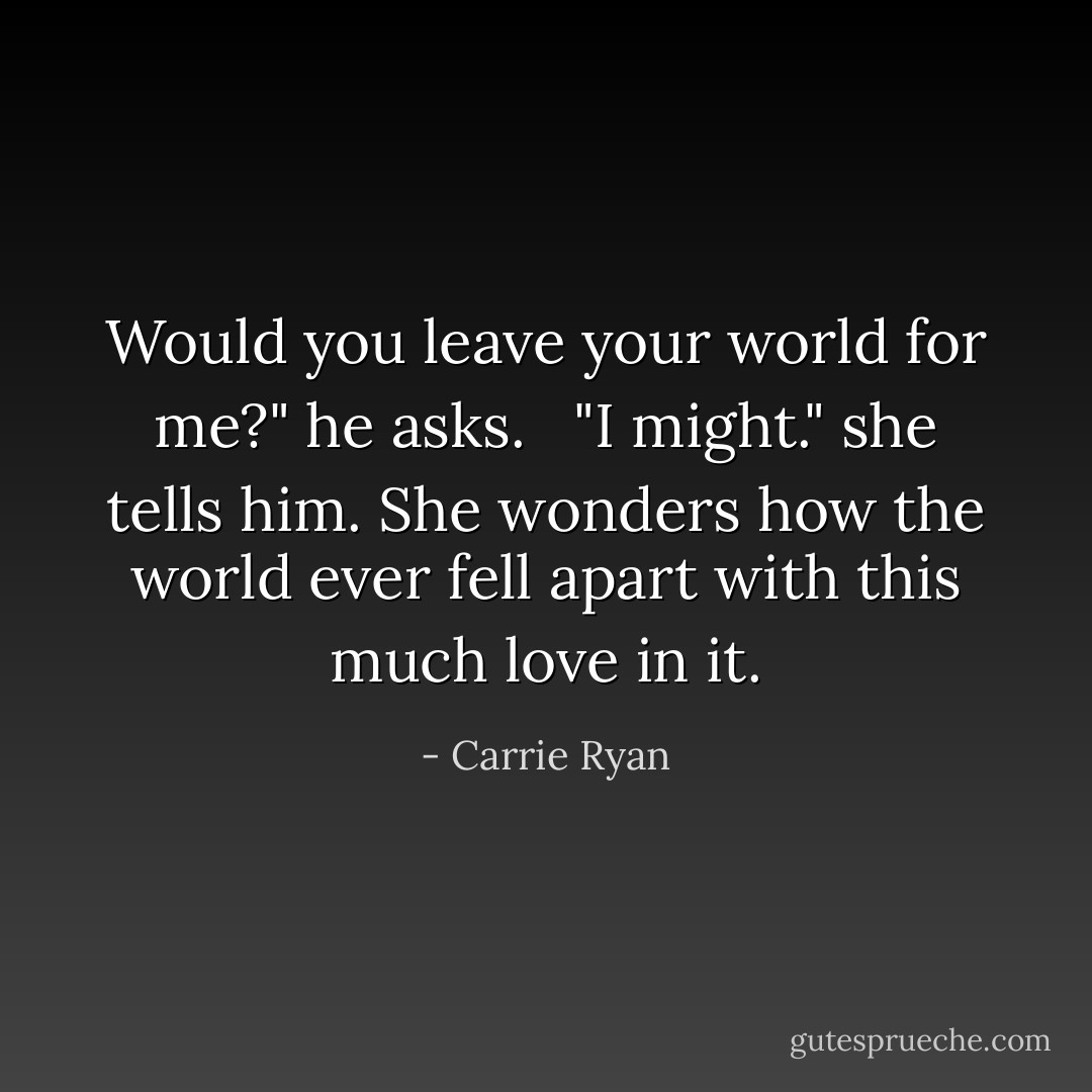 Would you leave your world for me?" he asks. <br /><br />"I might." she tells him. She wonders how the world ever fell apart with this much love in it. - Carrie Ryan