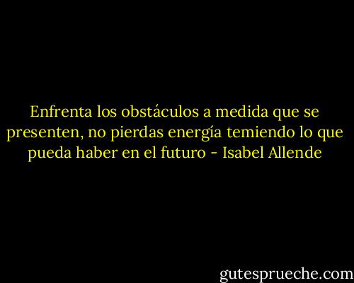 Enfrenta los obstáculos a medida que se presenten, no pierdas energía temiendo lo que pueda haber en el futuro - Isabel Allende