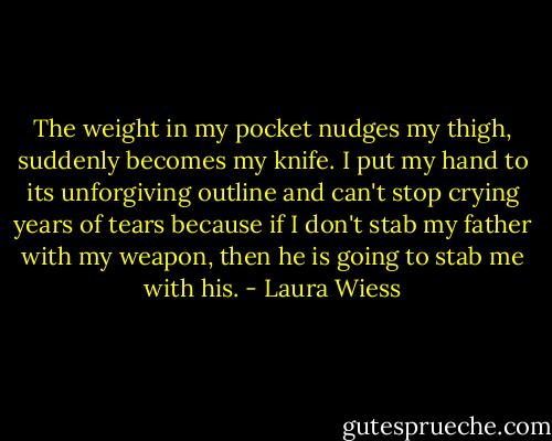 The weight in my pocket nudges my thigh, suddenly becomes my knife. I put my hand to its unforgiving outline and can't stop crying years of tears because if I don't stab my father with my weapon, then he is going to stab me with his. - Laura Wiess