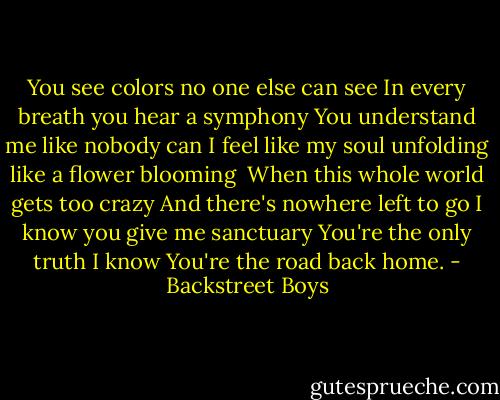 You see colors no one else can see<br />In every breath you hear a symphony<br />You understand me like nobody can<br />I feel like my soul unfolding like a flower blooming<br /><br />When this whole world gets too crazy<br />And there's nowhere left to go<br />I know you give me sanctuary<br />You're the only truth I know<br />You're the road back home. - Backstreet Boys
