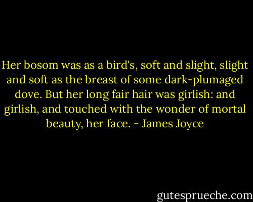 Her bosom was as a bird's, soft and slight, slight and soft as the breast of some dark-plumaged dove. But her long fair hair was girlish: and girlish, and touched with the wonder of mortal beauty, her face. - James Joyce