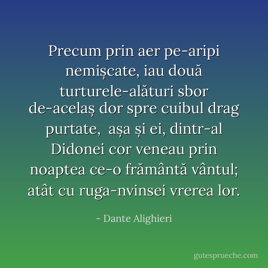 Precum prin aer pe-aripi nemișcate,<br />iau două turturele-alături sbor<br />de-acelaș dor spre cuibul drag purtate,<br /><br />așa și ei, dintr-al Didonei cor<br />veneau prin noaptea ce-o frământă vântul;<br />atât cu ruga-nvinsei vrerea lor. - Dante Alighieri