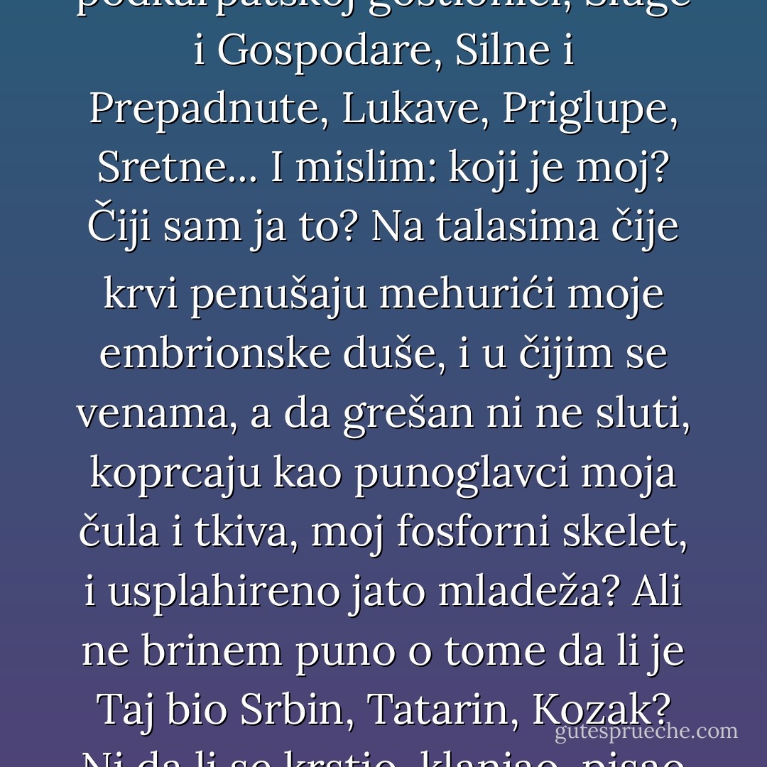 Razmišljam i ja ponekad o svom poreklu, naravno, ali pritom ne vidim bogomolje, simbole, ni šarene pantljike folklora kojima se kite konji Pripadnosti... (...) <br />Razmišljam i ja ponekad o svom poreklu, naravno, ali naše Porodično Stablo vidim samo kao mladicu na obodu Velike Šume...<br />Zamrznem tako likove na tajnoj večeri u bezimenoj podkarpatskoj gostionici, Sluge i Gospodare, Silne i Prepadnute, Lukave, Priglupe, Sretne...<br />I mislim: koji je moj? Čiji sam ja to? Na talasima čije krvi penušaju mehurići moje embrionske duše, i u čijim se venama, a da grešan ni ne sluti, koprcaju kao punoglavci moja čula i tkiva, moj fosforni skelet, i usplahireno jato mladeža?<br />Ali ne brinem puno o tome da li je Taj bio Srbin, Tatarin, Kozak?<br />Ni da li se krstio, klanjao, pisao s leva na desno?<br />Ne...<br />Brinem jedino da nije bio podlac?<br />Palikuća?<br />Bratoubica?<br />Ili je neko ko je sekao srce na kriške, da bude za sve...<br />Neko kog su uvek pitali kad o čemu treba presuditi...<br />I neko kome se i Bog obradovao kao dragom rođaku...<br />Kada mu je umoran zakucao na Nebo... - Đorđe Balašević