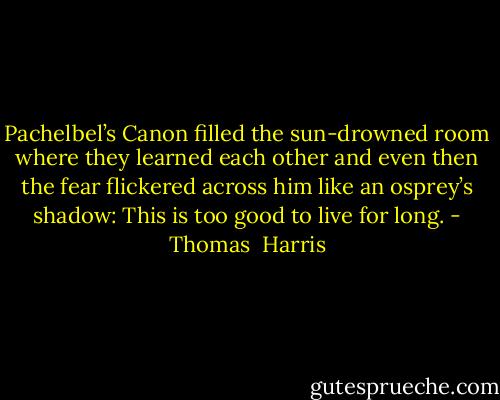 Pachelbel’s Canon filled the sun-drowned room where they learned each other and even then the fear flickered across him like an osprey’s shadow: This is too good to live for long. - Thomas  Harris