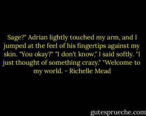 Sage?" Adrian lightly touched my arm, and I jumped at the feel of his fingertips against my skin. "You okay?"<br />"I don't know," I said softly. "I just thought of something crazy."<br />"Welcome to my world. - Richelle Mead