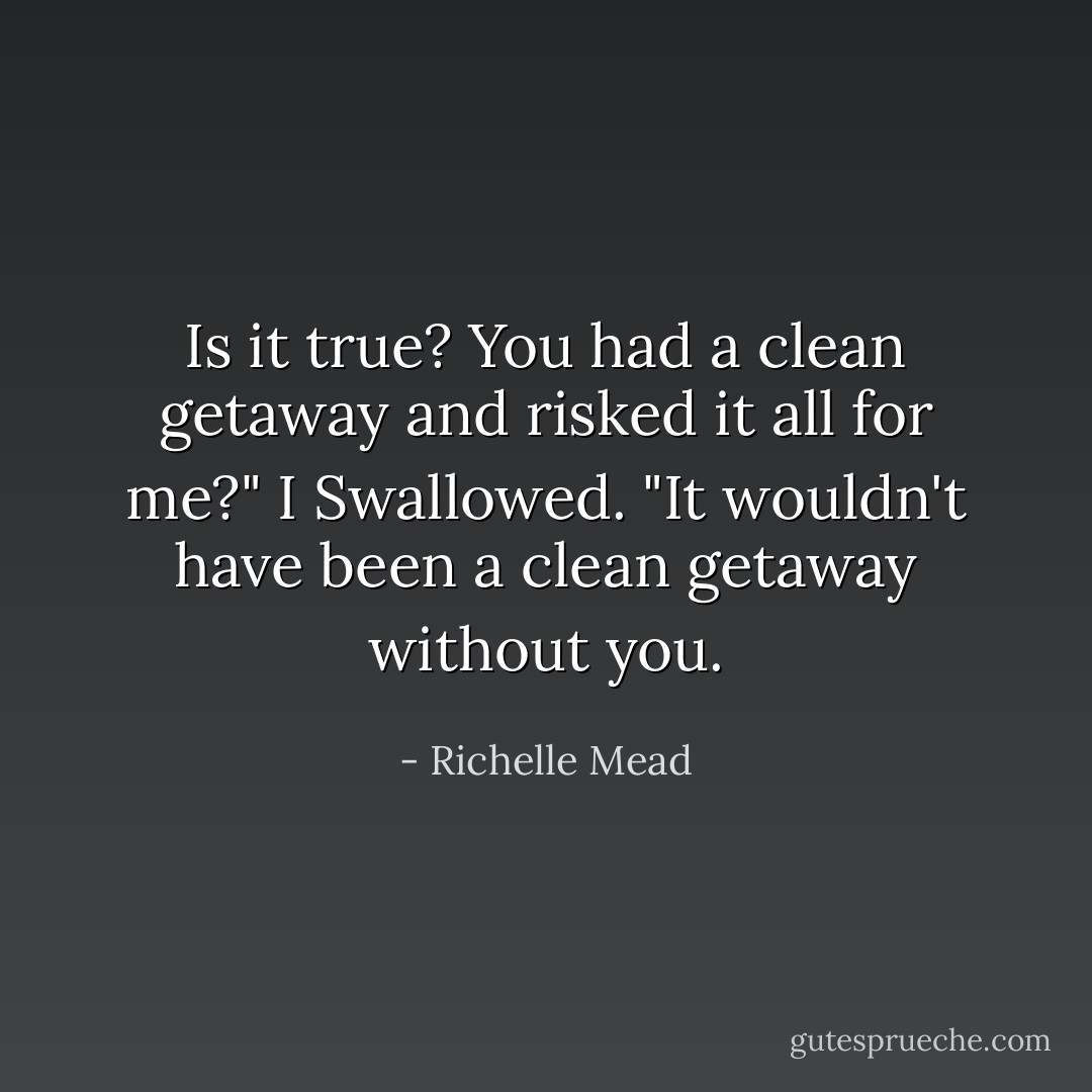 Is it true? You had a clean getaway and risked it all for me?"<br />I Swallowed. "It wouldn't have been a clean getaway without you. - Richelle Mead