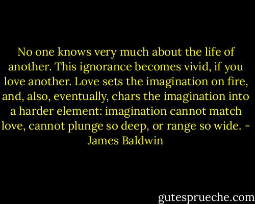 No one knows very much about the life of another. This ignorance becomes vivid, if you love another. Love sets the imagination on fire, and, also, eventually, chars the imagination into a harder element: imagination cannot match love, cannot plunge so deep, or range so wide. - James Baldwin