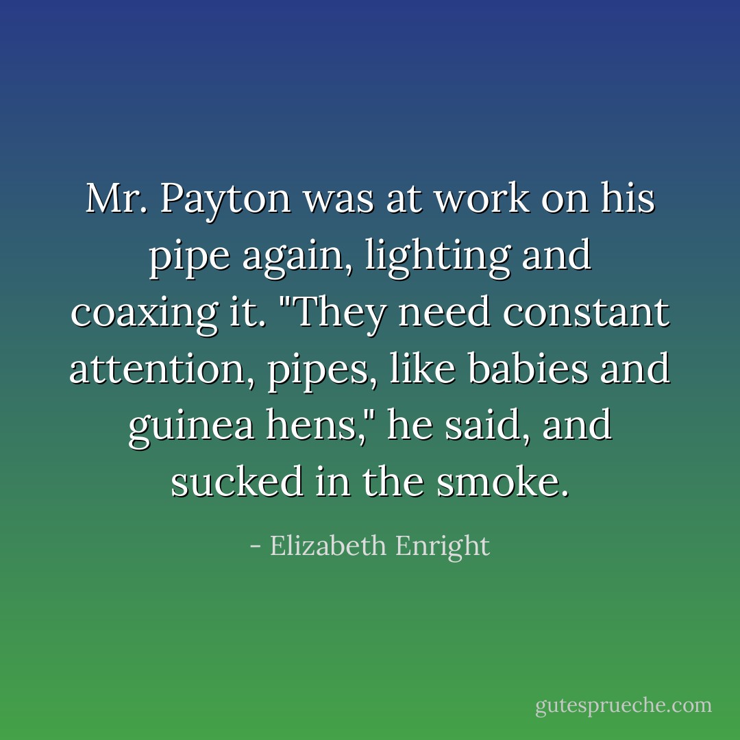 Mr. Payton was at work on his pipe again, lighting and coaxing it. "They need constant attention, pipes, like babies and guinea hens," he said, and sucked in the smoke. - Elizabeth Enright