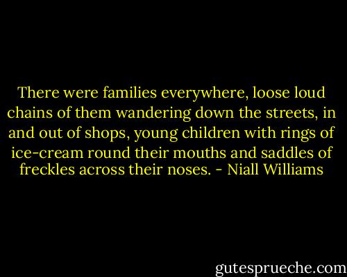 There were families everywhere, loose loud chains of them wandering down the streets, in and out of shops, young children with rings of ice-cream round their mouths and saddles of freckles across their noses. - Niall Williams