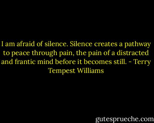 I am afraid of silence. Silence creates a pathway to peace through pain, the pain of a distracted and frantic mind before it becomes still. - Terry Tempest Williams