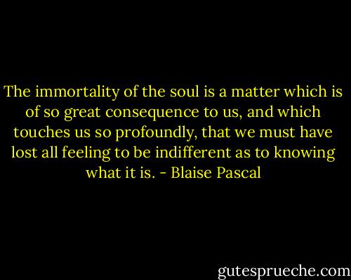 The immortality of the soul is a matter which is of so great consequence to us, and which touches us so profoundly, that we must have lost all feeling to be indifferent as to knowing what it is. - Blaise Pascal