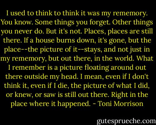 I used to think to think it was my rememory. You know. Some things you forget. Other things you never do. But it's not. Places, places are still there. If a house burns down, it's gone, but the place--the picture of it--stays, and not just in my rememory, but out there, in the world. What I remember is a picture floating around out there outside my head. I mean, even if I don't think it, even if I die, the picture of what I did, or knew, or saw is still out there. Right in the place where it happened. - Toni Morrison