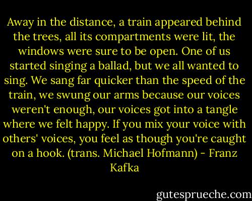 Away in the distance, a train appeared behind the trees, all its compartments were lit, the windows were sure to be open. One of us started singing a ballad, but we all wanted to sing. We sang far quicker than the speed of the train, we swung our arms because our voices weren't enough, our voices got into a tangle where we felt happy. If you mix your voice with others' voices, you feel as though you're caught on a hook. (trans. Michael Hofmann) - Franz Kafka