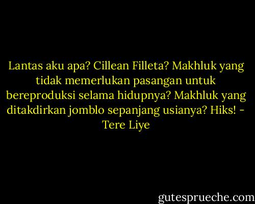 Lantas aku apa? Cillean Filleta? Makhluk yang tidak memerlukan pasangan untuk bereproduksi selama hidupnya? Makhluk yang ditakdirkan jomblo sepanjang usianya? Hiks! - Tere Liye