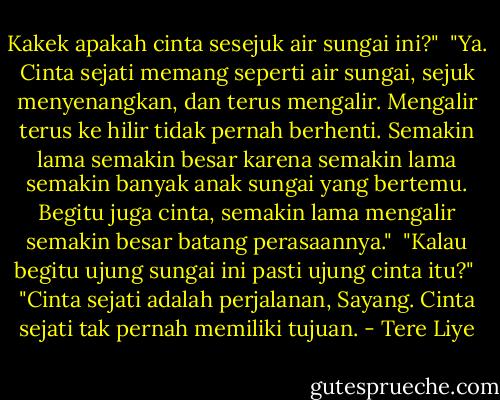 Kakek apakah cinta sesejuk air sungai ini?"<br /><br />"Ya. Cinta sejati memang seperti air sungai, sejuk menyenangkan, dan terus mengalir. Mengalir terus ke hilir tidak pernah berhenti. Semakin lama semakin besar karena semakin lama semakin banyak anak sungai yang bertemu. Begitu juga cinta, semakin lama mengalir semakin besar batang perasaannya."<br /><br />"Kalau begitu ujung sungai ini pasti ujung cinta itu?"<br /><br />"Cinta sejati adalah perjalanan, Sayang. Cinta sejati tak pernah memiliki tujuan. - Tere Liye