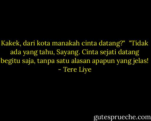 Kakek, dari kota manakah cinta datang?"<br /><br />"Tidak ada yang tahu, Sayang. Cinta sejati datang begitu saja, tanpa satu alasan apapun yang jelas! - Tere Liye