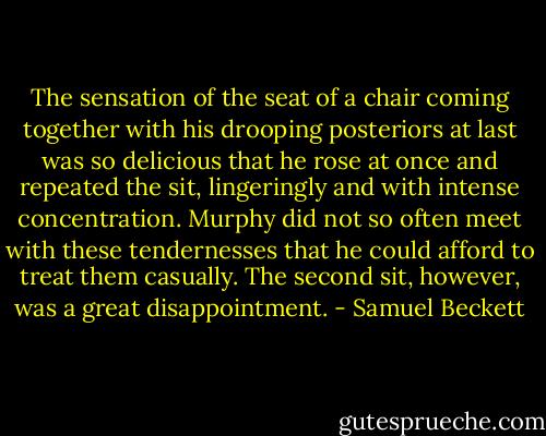 The sensation of the seat of a chair coming together with his drooping posteriors at last was so delicious that he rose at once and repeated the sit, lingeringly and with intense concentration. Murphy did not so often meet with these tendernesses that he could afford to treat them casually. The second sit, however, was a great disappointment. - Samuel Beckett