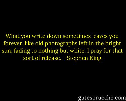 What you write down sometimes leaves you forever, like old photographs left in the bright sun, fading to nothing but white. I pray for that sort of release. - Stephen King