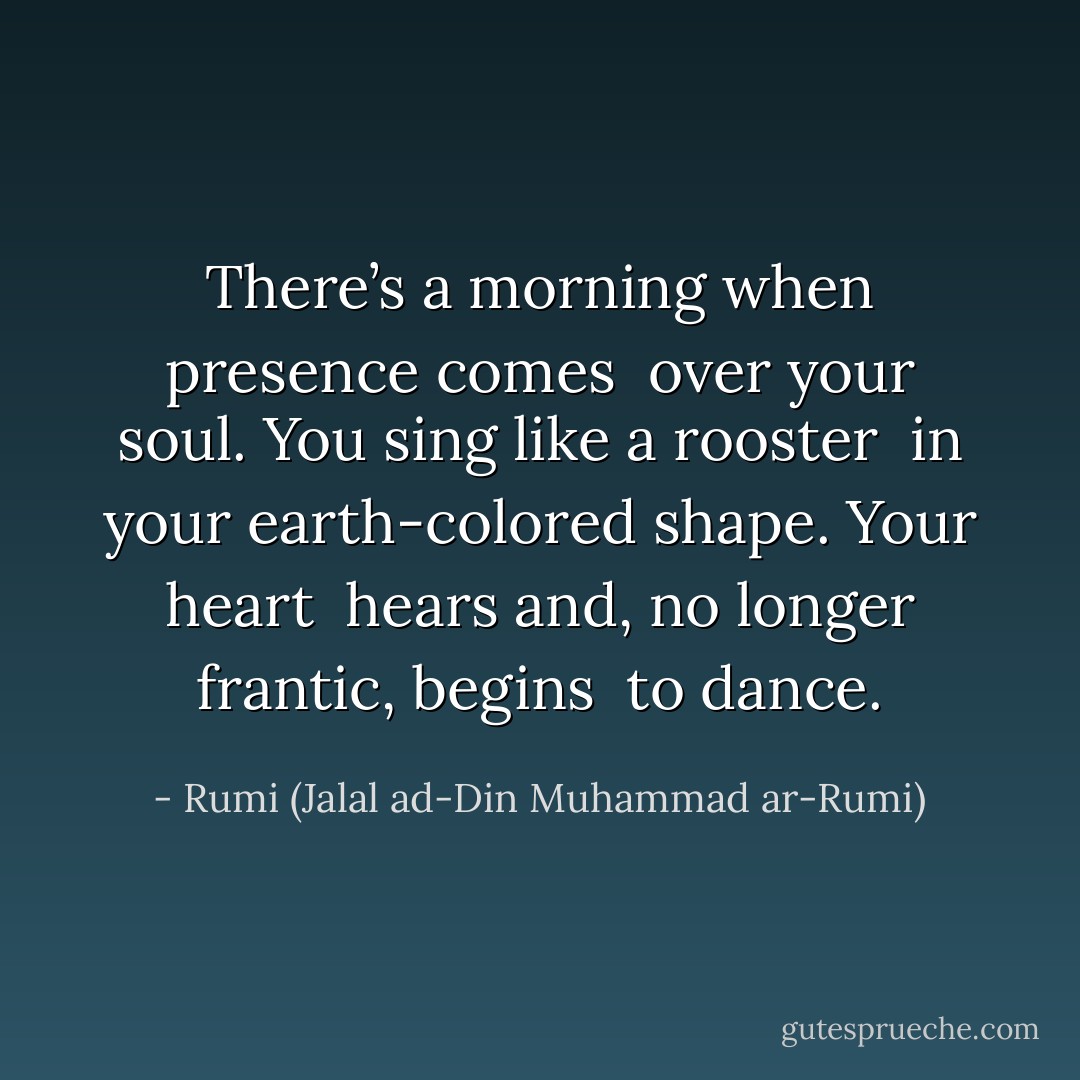 There’s a morning when presence comes<br /> over your soul. You sing like a rooster<br /> in your earth-colored shape. Your heart<br /> hears and, no longer frantic, begins<br /> to dance. - Rumi (Jalal ad-Din Muhammad ar-Rumi)