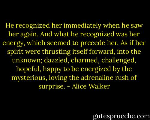 He recognized her immediately when he saw her again. And what he recognized was her energy, which seemed to precede her. As if her spirit were thrusting itself forward, into the unknown; dazzled, charmed, challenged, hopeful, happy to be energized by the mysterious, loving the adrenaline rush of surprise. - Alice Walker