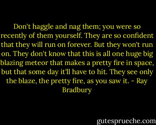 Don't haggle and nag them; you were so recently of them yourself. They are so confident that they will run on forever. But they won't run on. They don't know that this is all one huge big blazing meteor that makes a pretty fire in space, but that some day it'll have to hit. They see only the blaze, the pretty fire, as you saw it. - Ray Bradbury