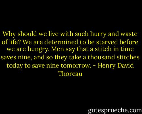 Why should we live with such hurry and waste of life? We are determined to be starved before we are hungry. Men say that a stitch in time saves nine, and so they take a thousand stitches today to save nine tomorrow. - Henry David Thoreau