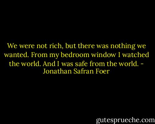 We were not rich, but there was nothing we wanted. From my bedroom window I watched the world. And I was safe from the world. - Jonathan Safran Foer