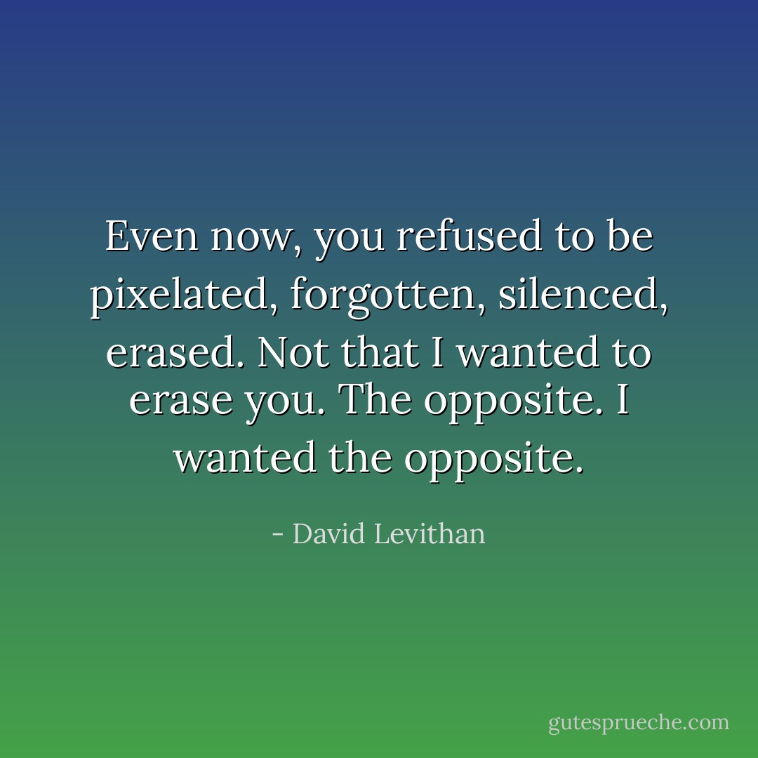 Even now, you refused to be pixelated, forgotten, silenced, erased. Not that I wanted to erase you. The opposite. I wanted the opposite. - David Levithan
