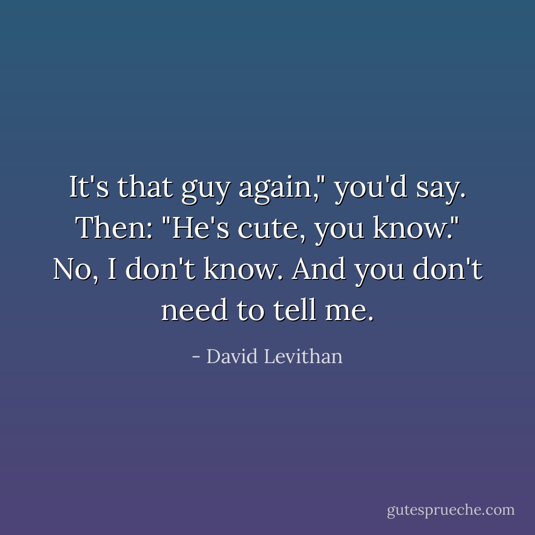 It's that guy again," you'd say.<br />Then: "He's cute, you know."<br />No, I don't know. And you don't need to tell me. - David Levithan