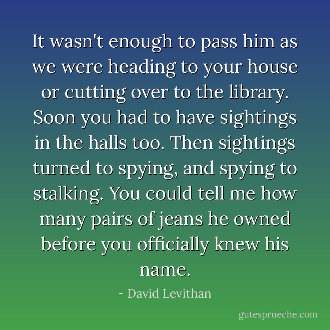 It wasn't enough to pass him as we were heading to your house or cutting over to the library. Soon you had to have sightings in the halls too. Then sightings turned to spying, and spying to stalking. You could tell me how many pairs of jeans he owned before you officially knew his name. - David Levithan