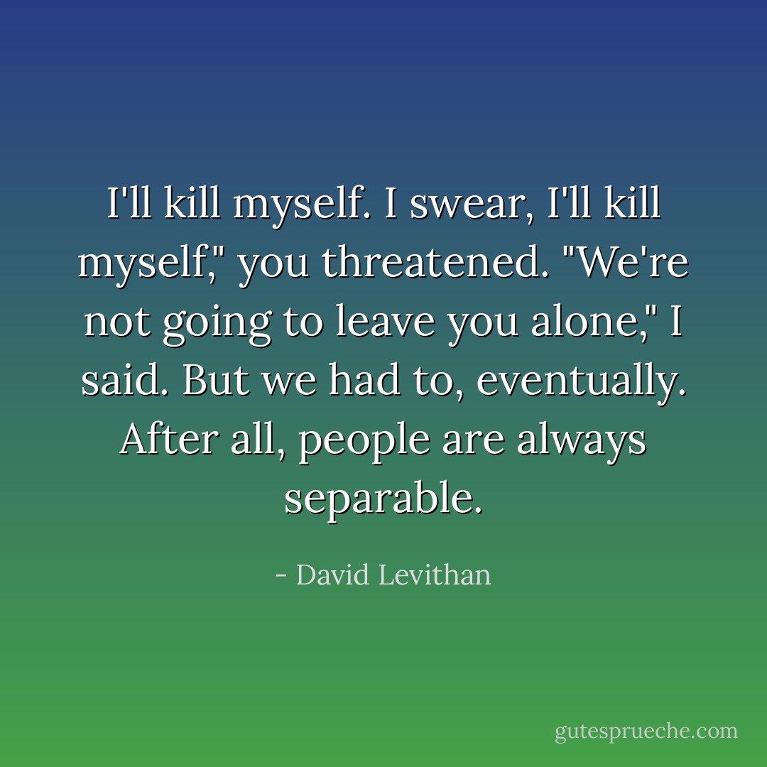 I'll kill myself. I swear, I'll kill myself," you threatened.<br />"We're not going to leave you alone," I said.<br />But we had to, eventually.<br />After all, people are always separable. - David Levithan