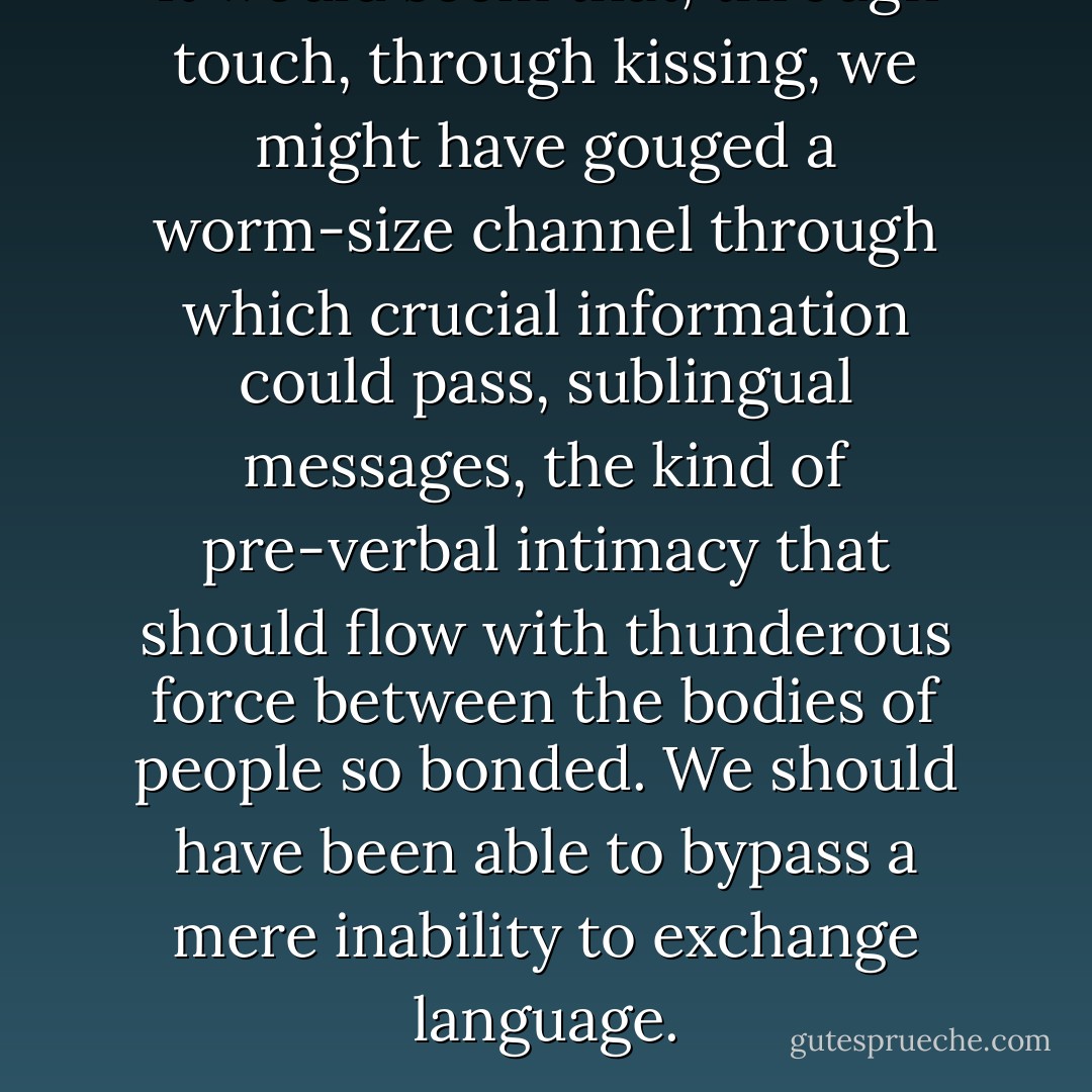 It would seem that, through touch, through kissing, we might have gouged a worm-size channel through which crucial information could pass, sublingual messages, the kind of pre-verbal intimacy that should flow with thunderous force between the bodies of people so bonded. We should have been able to bypass a mere inability to exchange language. - Ben Marcus
