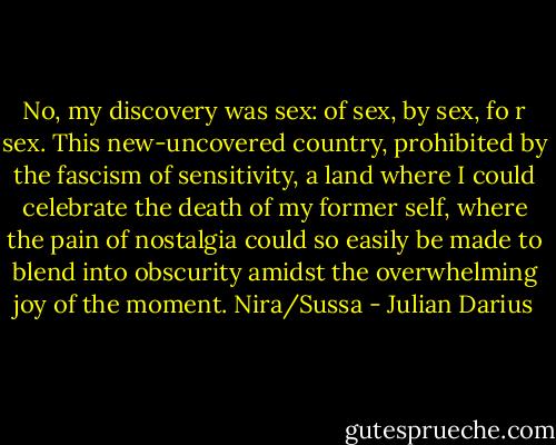 No, my discovery was sex: of sex, by sex, fo r sex. This new-uncovered country, prohibited by the fascism of sensitivity, a land where I could celebrate the death of my former self, where the pain of nostalgia could so easily be made to blend into obscurity amidst the overwhelming joy of the moment. Nira/Sussa - Julian Darius