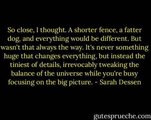 So close, I thought. A shorter fence, a fatter dog, and everything would be different. But wasn't that always the way. It's never something huge that changes everything, but instead the tiniest of details, irrevocably tweaking the balance of the universe while you're busy focusing on the big picture. - Sarah Dessen
