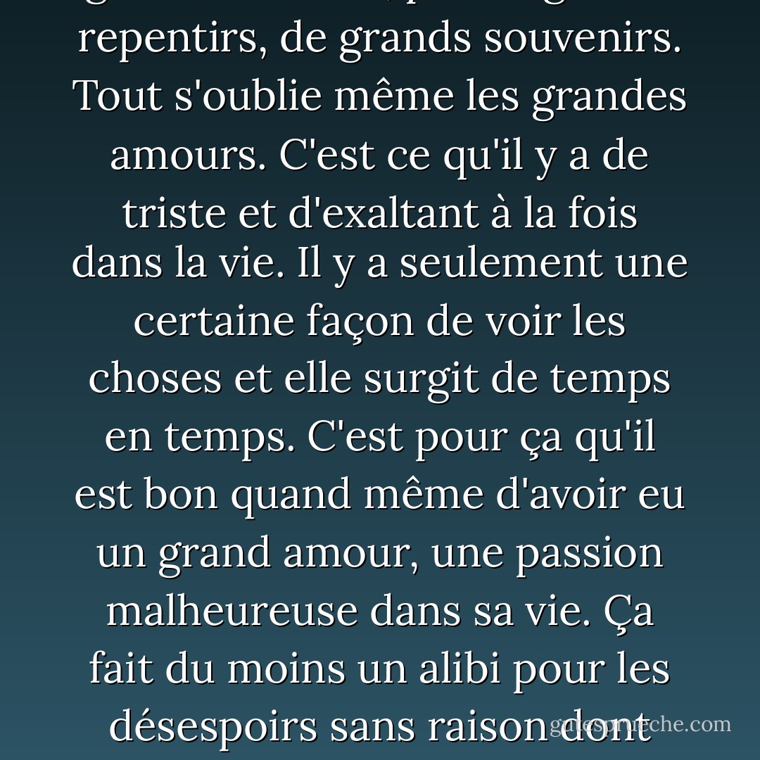 Crois-moi, il n'y a pas de grande douleur, pas de grands repentirs, de grands souvenirs. Tout s'oublie même les grandes amours. C'est ce qu'il y a de triste et d'exaltant à la fois dans la vie. Il y a seulement une certaine façon de voir les choses et elle surgit de temps en temps. C'est pour ça qu'il est bon quand même d'avoir eu un grand amour, une passion malheureuse dans sa vie. Ça fait du moins un alibi pour les désespoirs sans raison dont nous sommes accablés. - Albert Camus