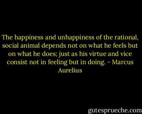 The happiness and unhappiness of the rational, social animal depends not on what he feels but on what he does; just as his virtue and vice consist not in feeling but in doing. - Marcus Aurelius