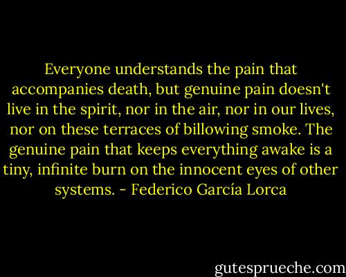 Everyone understands the pain that accompanies death,<br />but genuine pain doesn't live in the spirit,<br />nor in the air, nor in our lives,<br />nor on these terraces of billowing smoke.<br />The genuine pain that keeps everything awake<br />is a tiny, infinite burn<br />on the innocent eyes of other systems. - Federico García Lorca