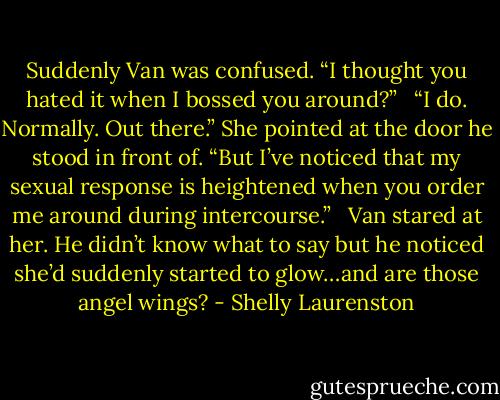 Suddenly Van was confused. “I thought you hated it when I bossed you around?” <br /><br />“I do. Normally. Out there.” She pointed at the door he stood in front of. “But I’ve noticed that my sexual response is heightened when you order me around during intercourse.” <br /><br />Van stared at her. He didn’t know what to say but he noticed she’d suddenly started to glow…and are those angel wings? - Shelly Laurenston