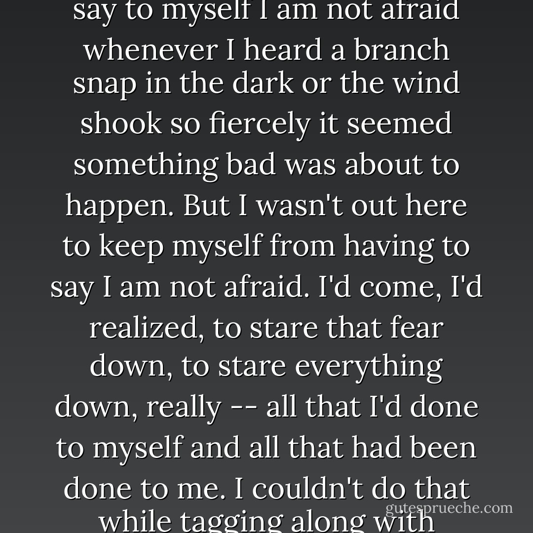 Being near Tom and Doug at night kept me from having to say to myself I am not afraid whenever I heard a branch snap in the dark or the wind shook so fiercely it seemed something bad was about to happen. But I wasn't out here to keep myself from having to say I am not afraid. I'd come, I'd realized, to stare that fear down, to stare everything down, really -- all that I'd done to myself and all that had been done to me. I couldn't do that while tagging along with someone else. - Cheryl Strayed
