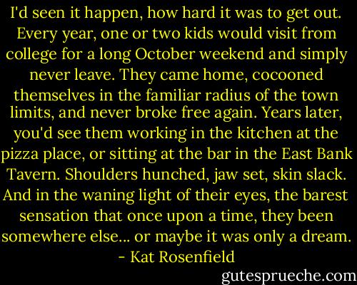I'd seen it happen, how hard it was to get out. Every year, one or two kids would visit from college for a long October weekend and simply never leave. They came home, cocooned themselves in the familiar radius of the town limits, and never broke free again. Years later, you'd see them working in the kitchen at the pizza place, or sitting at the bar in the East Bank Tavern. Shoulders hunched, jaw set, skin slack. And in the waning light of their eyes, the barest sensation that once upon a time, they been somewhere else... or maybe it was only a dream. - Kat Rosenfield