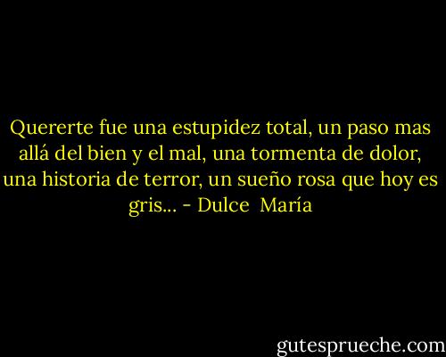 Quererte fue una estupidez total, un paso mas allá del bien y el mal, una tormenta de dolor, una historia de terror, un sueño rosa que hoy es gris... - Dulce  María