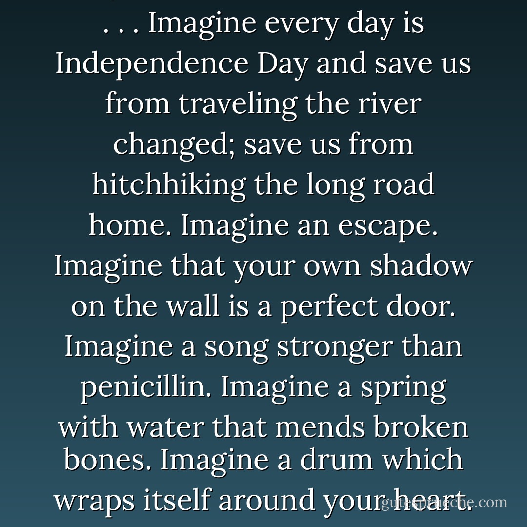 Imagination is the politics of dreams; imagination turns every word into a bottle rocket. . . . Imagine every day is Independence Day and save us from traveling the river changed; save us from hitchhiking the long road home. Imagine an escape. Imagine that your own shadow on the wall is a perfect door. Imagine a song stronger than penicillin. Imagine a spring with water that mends broken bones. Imagine a drum which wraps itself around your heart. Imagine a story that puts wood in the fireplace. - Sherman Alexie