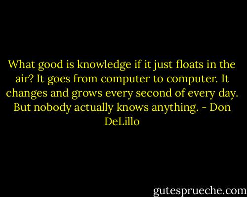 What good is knowledge if it just floats in the air? It goes from computer to computer. It changes and grows every second of every day. But nobody actually knows anything. - Don DeLillo