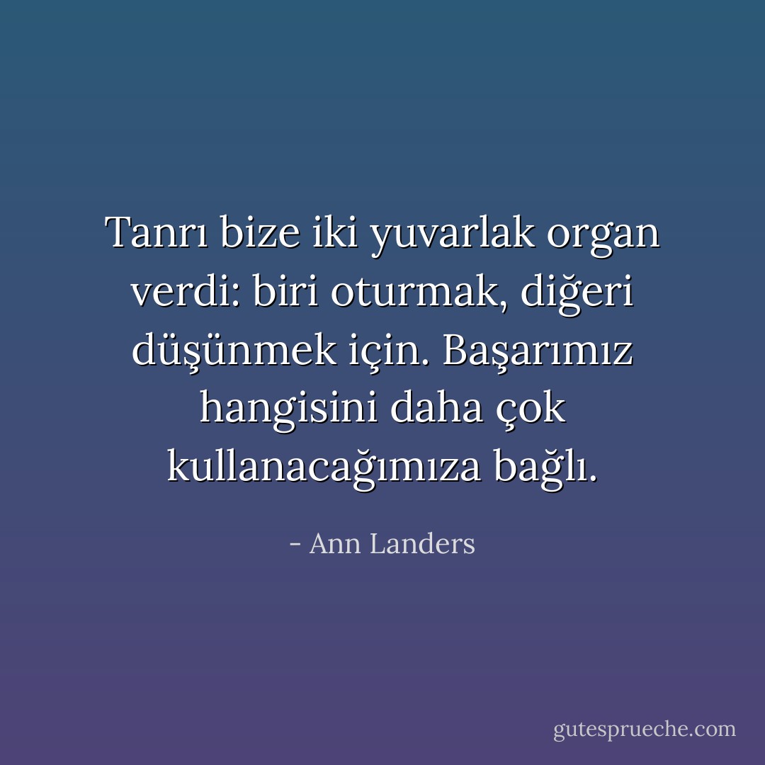 Tanrı bize iki yuvarlak organ verdi: biri oturmak, diğeri düşünmek için. Başarımız hangisini daha çok kullanacağımıza bağlı. - Ann Landers
