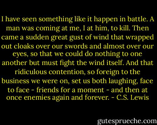 I have seen something like it happen in battle. A man was coming at me, I at him, to kill. Then came a sudden great gust of wind that wrapped out cloaks over our swords and almost over our eyes, so that we could do nothing to one another but must fight the wind itself. And that ridiculous contention, so foreign to the business we were on, set us both laughing, face to face - friends for a moment - and then at once enemies again and forever. - C.S. Lewis